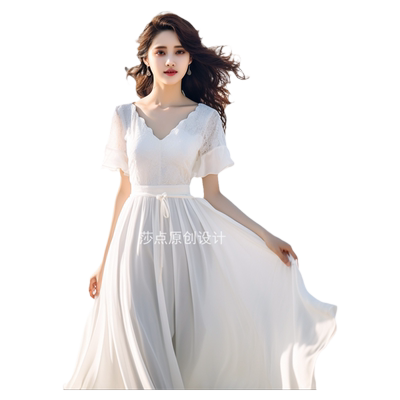 白色蕾丝短袖连衣裙V领长裙海边度假沙滩裙沙漠裙高端精致礼服裙