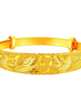 古法工艺真金色龙凤手镯女实心
