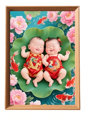 送子图金童玉女木质摆台相框