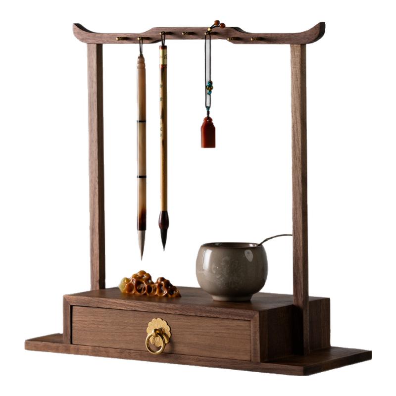 张小凤凤轻语黑胡桃木笔架笔挂实木展示架文房四宝毛笔文玩收纳书法挂架盒置物架高级复古新中式高档架子摆件