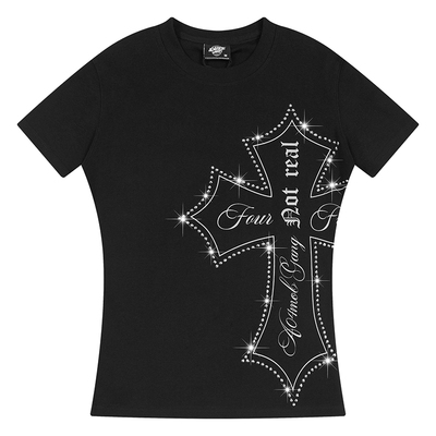 404MOB美式立体烫钻甜辣正肩修身款短袖上衣女十字架印花短T恤衫