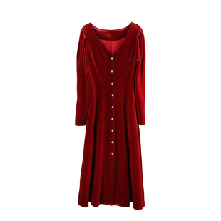 法式红色V领连衣裙女2026年春季新款轻奢高级感长袖收腰a字裙子