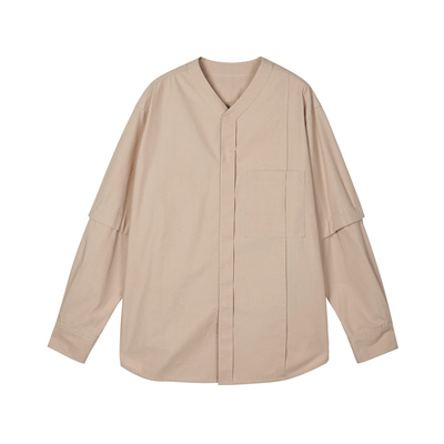 速写outlets奥莱男装春秋季折扣新款衬衣可拆卸长袖宽松交领设计