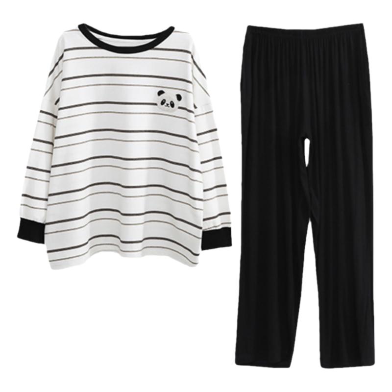 春秋纯棉熊猫刺绣大码睡衣套装女