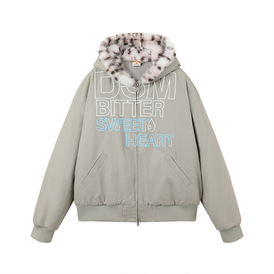 DONSMOKE冬季加厚保暖座山雕豹纹毛领连帽外套秋冬美式宽松上衣