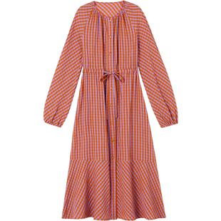 LK BENNETT红色格子连衣裙女春新款棉纺长袖宽松文艺风长裙
