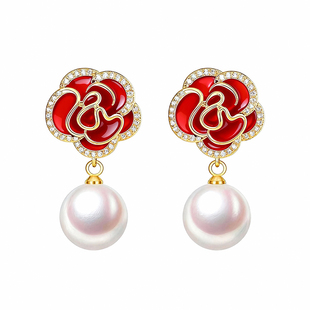 刘亦菲同款耳环女红色玫瑰花耳坠山茶花珍珠耳钉秋冬小香风耳饰