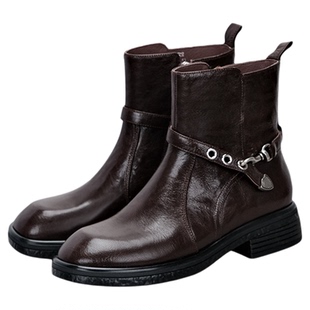 头层羊皮加绒星期六女靴英伦马丁靴女靴法式方头气质中跟短筒短靴