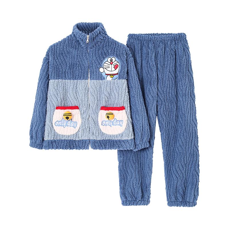 睡衣女秋冬款法兰绒加厚加绒加大码拉链珊瑚绒卡通家居服套装冬季