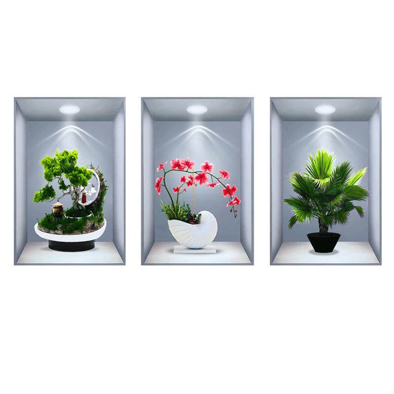 新款3D立体墙贴画仿真效果盆栽贴画客厅过道三联玄关装饰自粘画