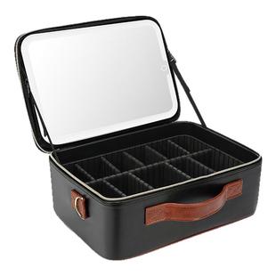 高级女化妆包大容量带镜子LED灯旅行收纳盒便携式手提纹绣工具箱