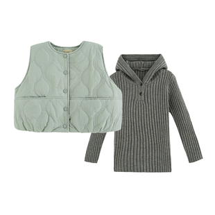 砚台家童装女童夹棉马甲套装2025冬装新款儿童外穿连帽毛衣两件套