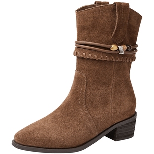 博主同款百田森真皮牛仔靴子女2025新款爆款秋冬法式尖头时装短靴