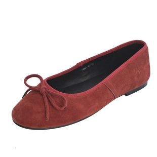 履约~羊皮优雅单鞋女软底小香风圆头蝴蝶结平底真皮浅口船鞋棕色