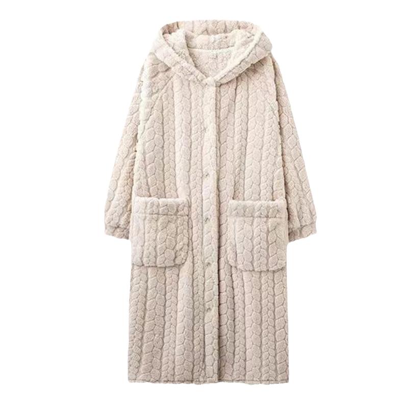 女珊瑚绒连帽长款家居服加绒加厚