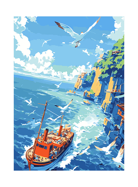 数字油画diy手绘填充手工手绘画画填色肌理画涂色油彩画 蔚蓝海港