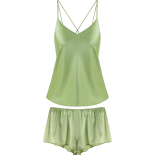 桑蚕丝免穿文胸性感纯色背心式真丝美背吊带背心短裤套装带杯垫