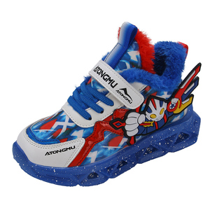 男童保暖大棉鞋男孩发光鞋子男宝软底二棉鞋儿童亮灯鞋皮面加绒鞋