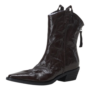 纯皮冬季新款羊皮毛一体加厚雪地靴保暖短靴复古V口尖头西部靴女