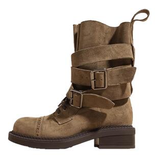 8cm内增高马丁靴女2025新款秋季厚底粗跟美拉德堆堆靴棕色短靴子