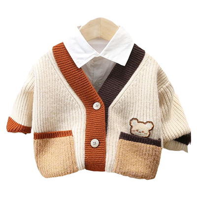 儿童韩范卡通口袋针织开衫毛衣