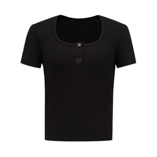 FF仿佛T恤2025夏季黑色U领女短袖修身显瘦时尚休闲设计感上衣