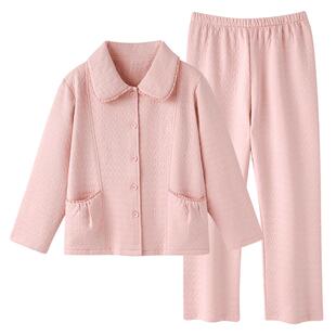 睡衣女士春秋款加厚纯棉长袖秋冬季薄款夹棉大码空气棉夹层家居服