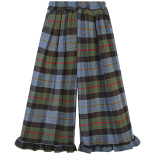 今屿花花 深冬独特超好看裤子木耳边格子毛呢九分阔腿裤冬季新款