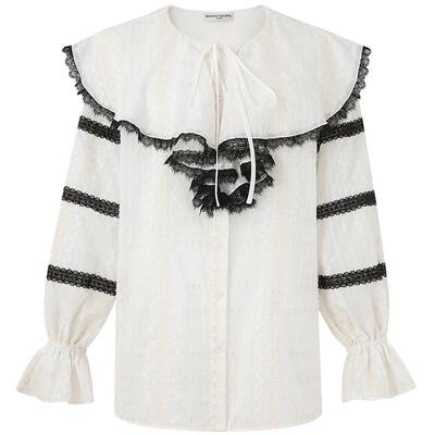 DIANA VEVINA秋季新款衬衫拼黑色花边荷叶边领宽松喇叭袖雪纺衫