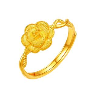 赛菲尔黄金戒指女足金玫瑰花古法金戒指活口可调节送礼新年礼物