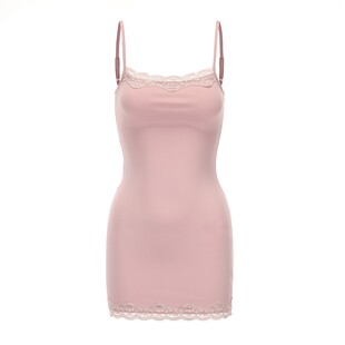 夏何夕性感睡裙女本命年红色莫代尔吊带睡衣蕾丝边辣妹包臀短裙