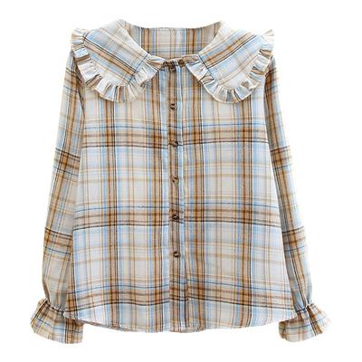娃娃领格子衬衫女长袖法式上衣