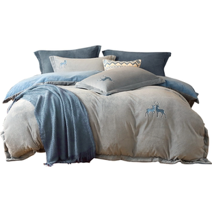 水星家纺牛奶绒四件套猫感法兰绒暖绒珊瑚绒套件抗静电床单被套冬