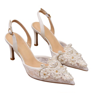 夏季凉鞋女白色婚鞋蕾丝公主风细高跟鞋女细跟白色女士珍珠装饰