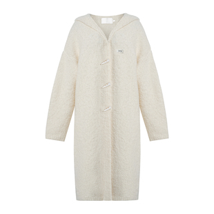 张月同款Kroche 惬意绒冬 羊毛混纺圈圈纱牛角扣连帽长款开衫外套