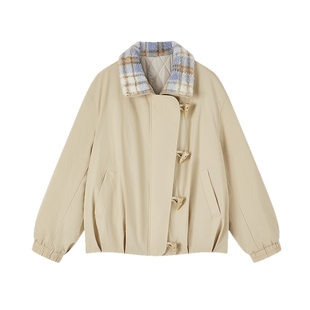 飞鸟和新酒拼接领子棉衣短外套女2025冬季新款纯色保暖上衣