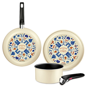 日本5层t-fal特福巴黎系列煎炒叠叠套锅红点套装不粘炒锅拆卸手柄