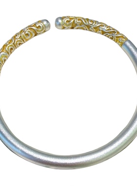 林钰银饰仿真足银999.9古法描金卷草纹手镯女实心国风简约开口镯