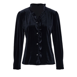 马天奴女装春夏新款黑色丝绒花边领单排扣衬衫衬衣上衣收腰复古