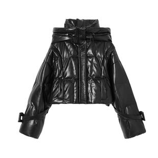 MEETLADY复古机车风连帽羽绒服女冬季新款高级设计感保暖皮质外套