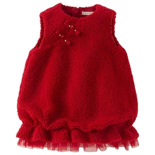 戴维贝拉冬装新款女童毛绒连衣裙女宝国风背心裙儿童红色新年裙子