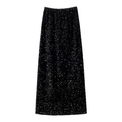 骊枥·LL5059 闪闪亮片直筒裙女春秋丝绒半身裙通勤开叉A字中长裙