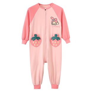 美乐蒂女童连体睡衣春秋款纯棉中大童女孩夏季防着凉薄款长袖睡袋