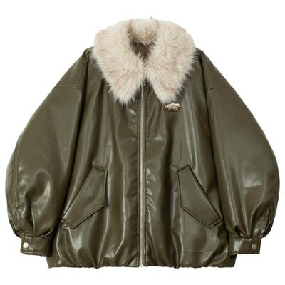 KEIKO高级感雪松绿PU皮衣外套