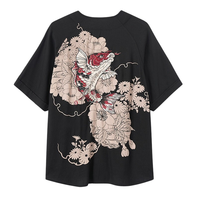 ONIARAI/鬼洗25春夏新品泥棒蓝腾鲤绣花短袖衬衫男式宽松 N740028