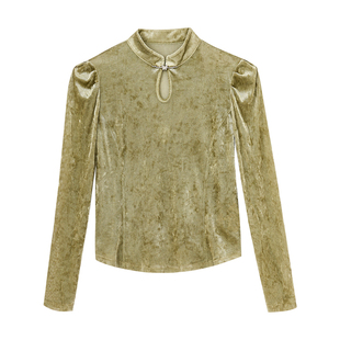 优雅旗袍领设计女式上衣MOFAN摩凡2025冬装新款沙砾色泡泡袖小衫