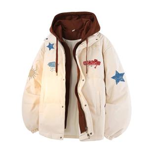 查尔斯桃心美式涂鸦印花85鸭绒假两件羽绒服男女冬季防寒潮牌外套