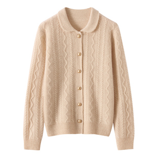 清河纯Polo领羊绒开衫女秋冬季加厚保暖毛衣外套宽松显瘦针织上衣