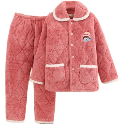 冬季女珊瑚绒夹棉三层保暖家居服