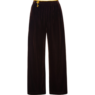 QS秸熙2026春新品复古柔光轻国风丝绒裤撞色松紧腰垂感显瘦休闲裤